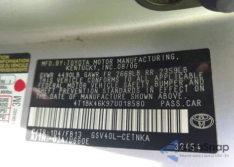 2007 Toyota Camry Le V6 from USA, damaged, VIN 4T1BK46K97U018580